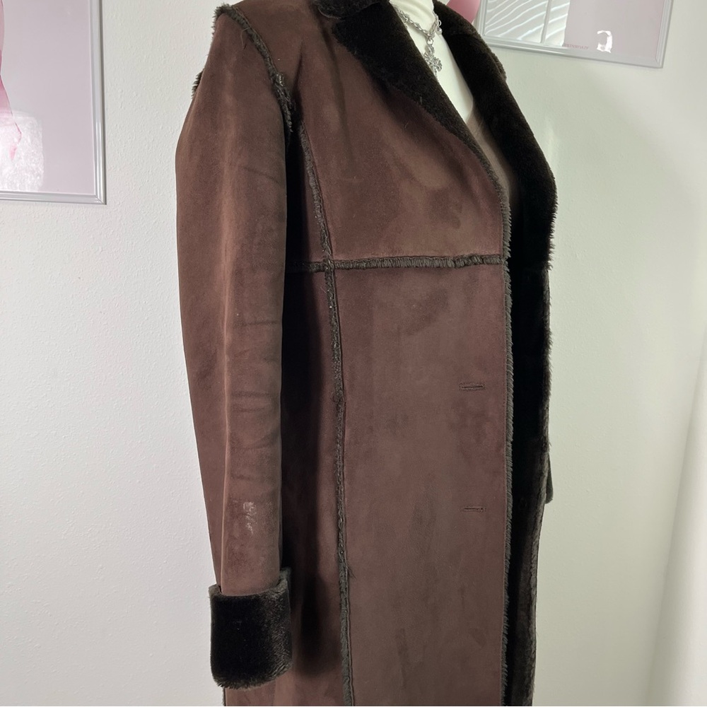 Vintage 90s Cache Brown Suede Penny Lane Fur Trim Coat Old Money Womens Small - Picture 3 of 6